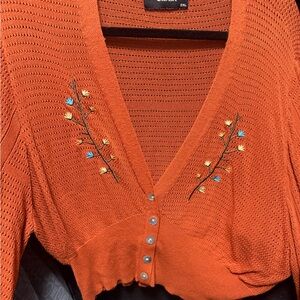 Cider Orange Cardigan with Floral Embroidery